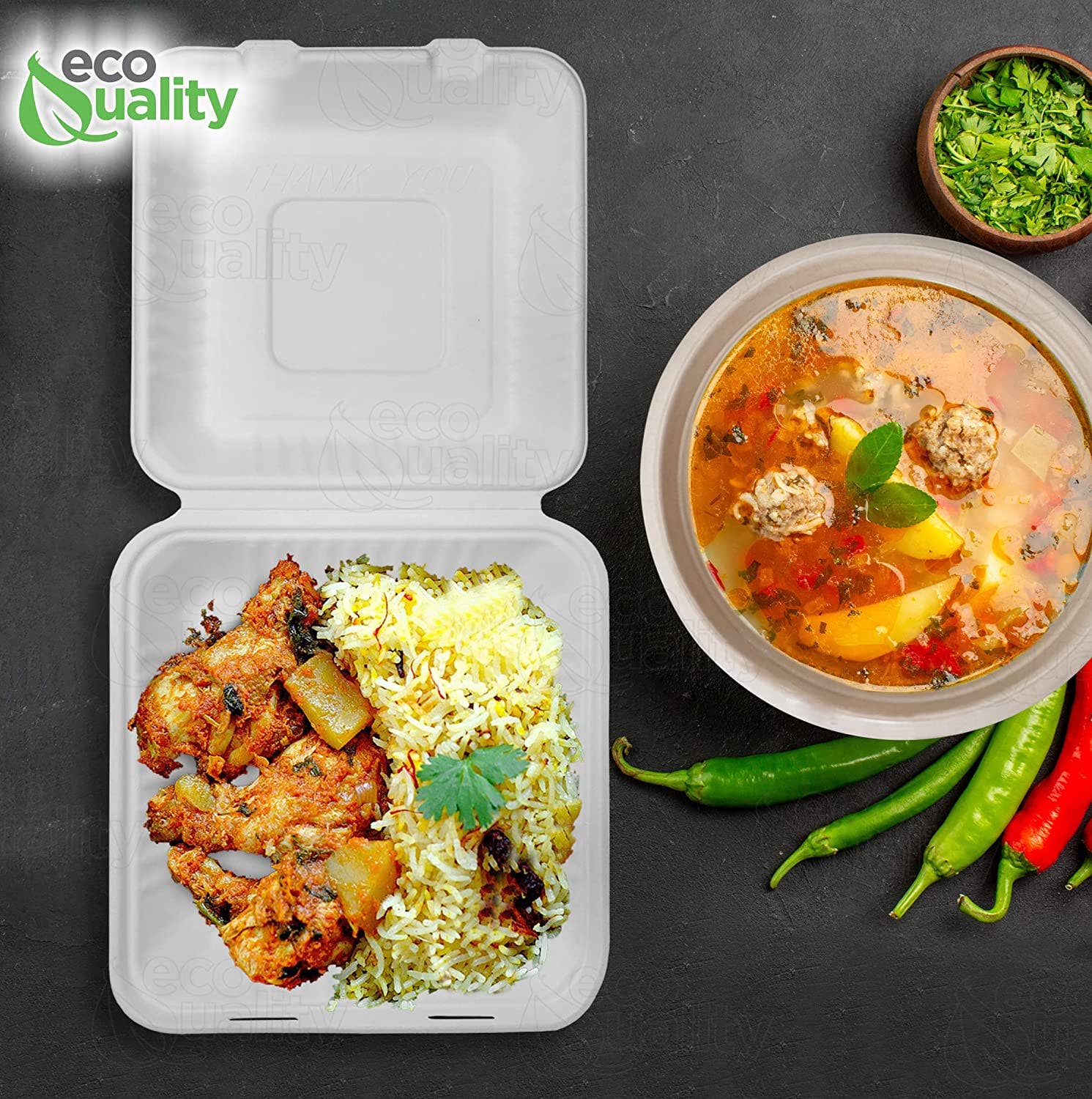 EcoQuality - Venta al por mayor Recipientes para alimentos - Caja compostable cuadrada con bisagras para comida para llevar de 9 x 9 pulgadas7