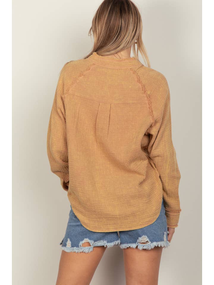 VERY J - Wholesale Button Down Shirt - Women's - NT11350-Oversized Washed Woven Crinkled Gauze Shirt Top15