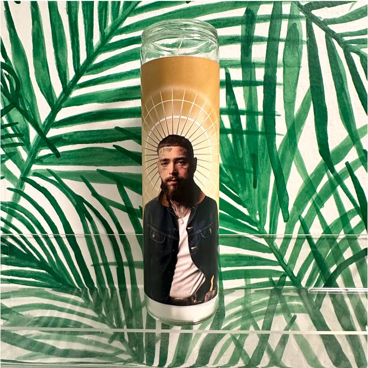 Post Malone Prayer Candle for wholesale by Flaming Feminist