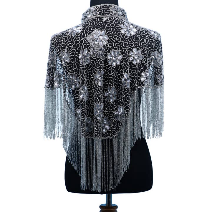 Western Fashion - Wholesale Capelet – Women’s - 8893 - Beaded Shawl Solver - Silver Fringes with Collar1
