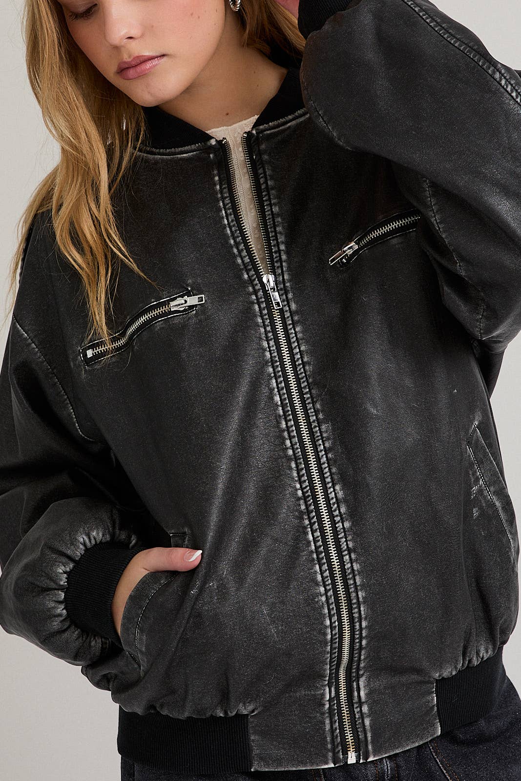 WASHED FAUX LEATHER BOMBER JACKET for wholesale on Faire8