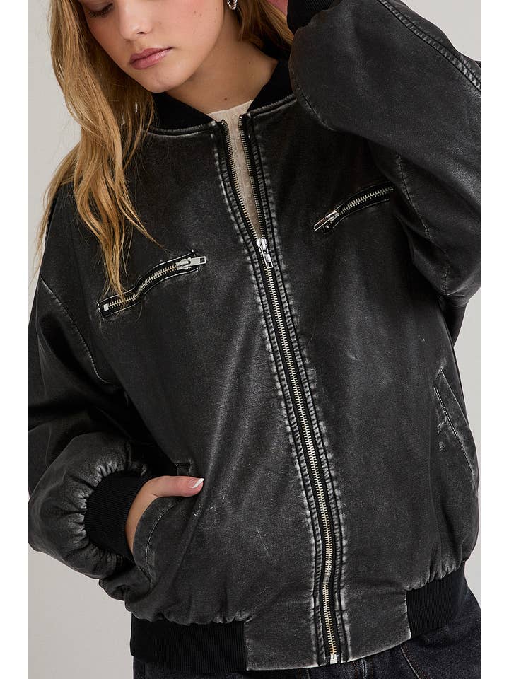 WASHED FAUX LEATHER BOMBER JACKET for wholesale on Faire8