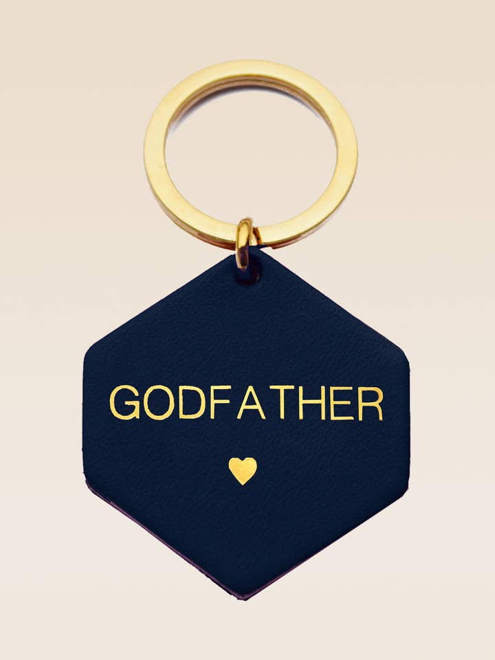 Porte-clés personnalisé en cuir bleu nuit GODFATHER pour la vente par FAUVETTE PARIS