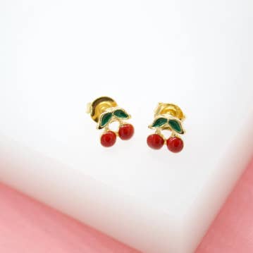 18K Gold Filled Red Cherries Stud Earrings for wholesale by MIA Jewelry