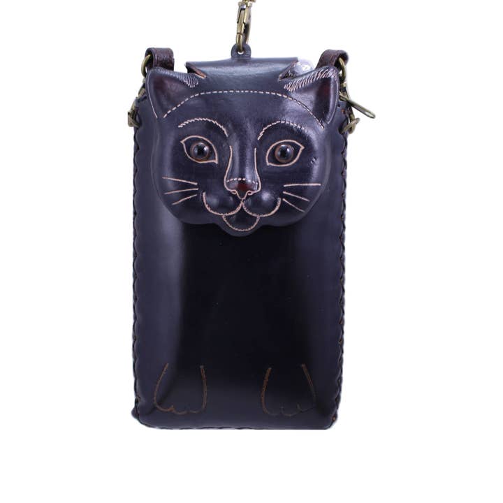 Custodia per cellulare in pelle fatta a mano Black Cat per la vendita all'ingrosso da parte di Sunflower Handmade leather inc