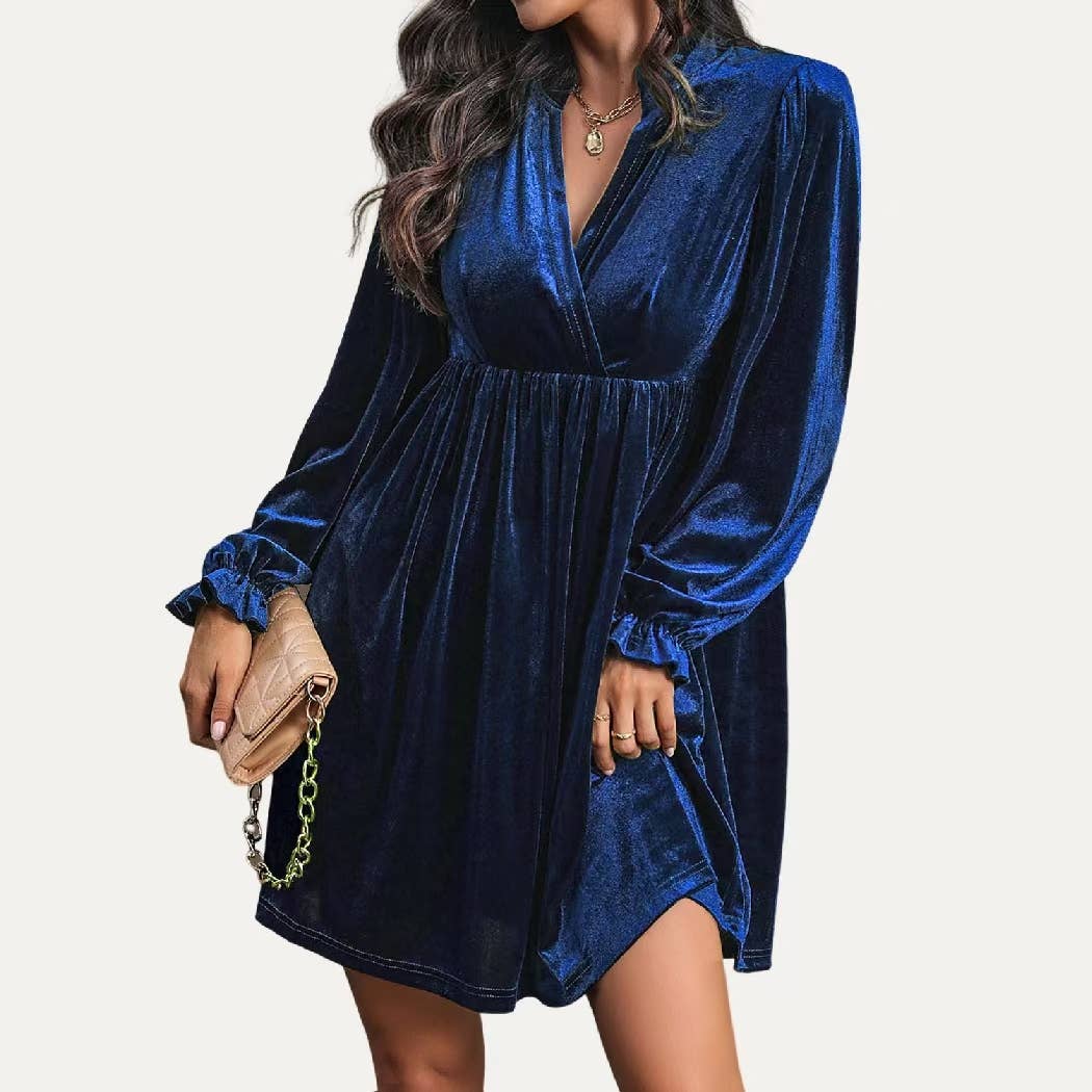 The Moment Collection - Wholesale Dress - Women's - Charming Cutie Velvet Surplice Neck Relax Fit Mini Dress8