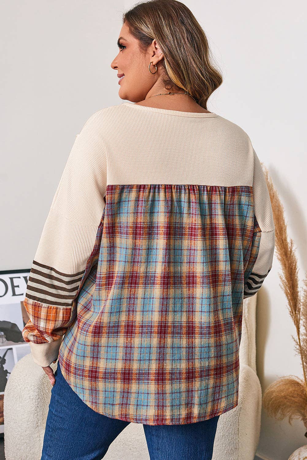 Parchment Plus Size Waffle Colorblock Striped Plaid Patchwork Half Button Pullover for wholesale on Faire7