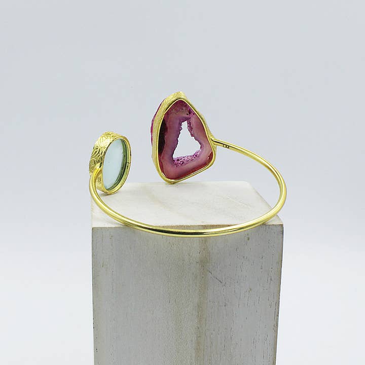 LA MAR - Wholesale Cuff Bracelet - Bracelet with 2 stones, pink and sky blue - chalcedony and agate quartz gold-plated2