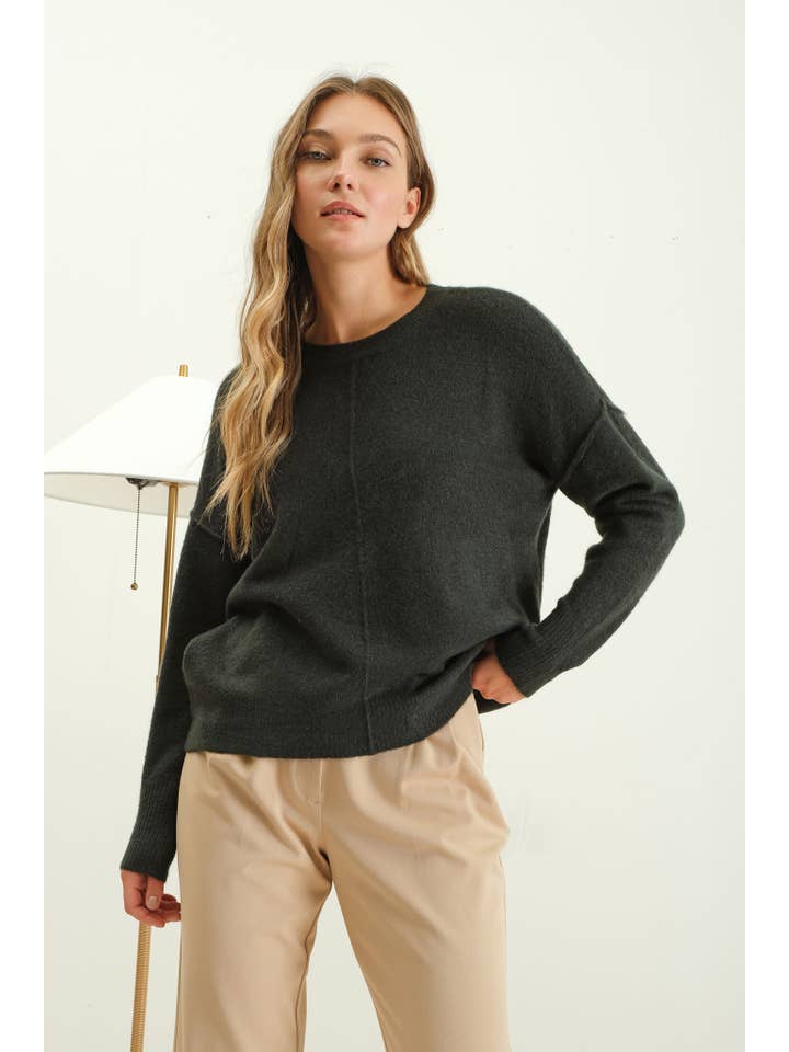The Workshop Studio - Wholesale Knit Sweater - Women's - SOLID CREWNECK FRONT SEAM KNIT SWEATER