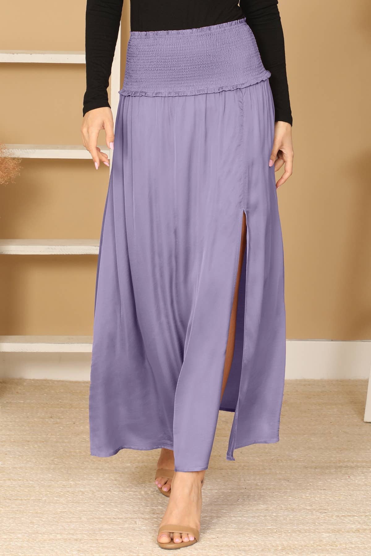 MYS Wholesale Inc - Wholesale Skirt - Women's - Shirred Waist Double Thigh Split Satiny Skirt5