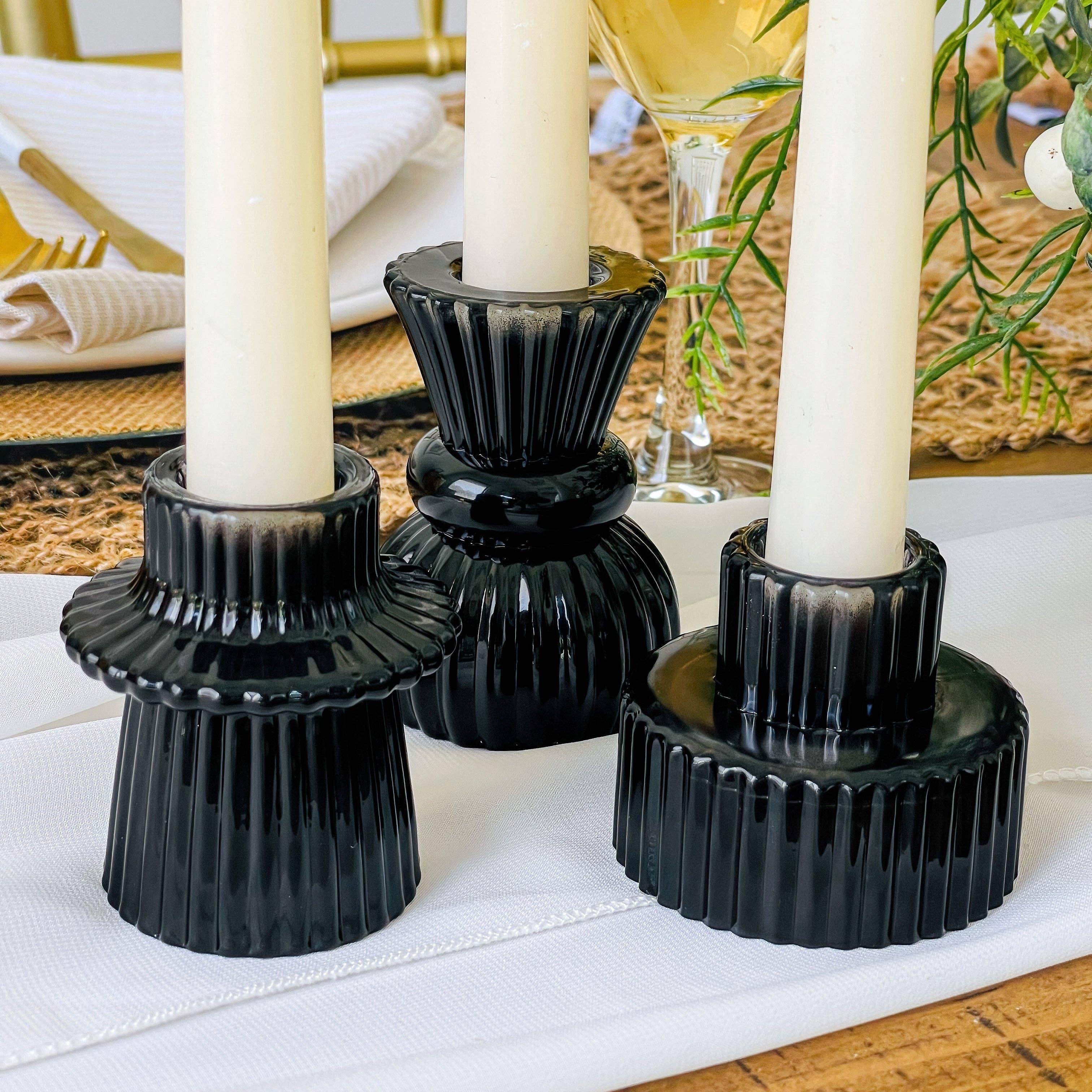 Kate Aspen - Wholesale Candle Holder - Vintage Ribbed Black Glass Candle/Candlestick Holders Set of1