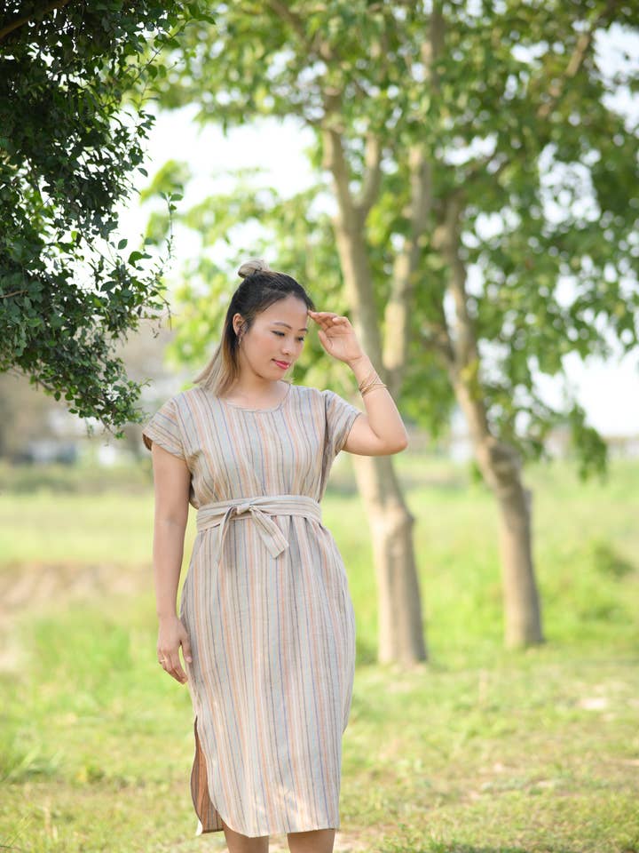 The Serene Kaftan Dress in Hazel Stripe for wholesale by Swahlee