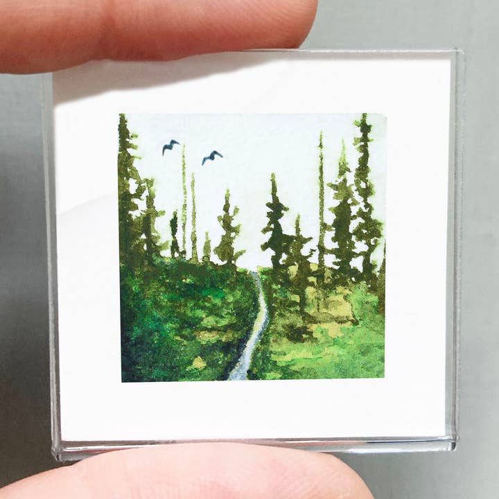 Mini 1" Pine Tree Forest Path Winter Tiny Framed Art Print for wholesale by Mick's Art Goods