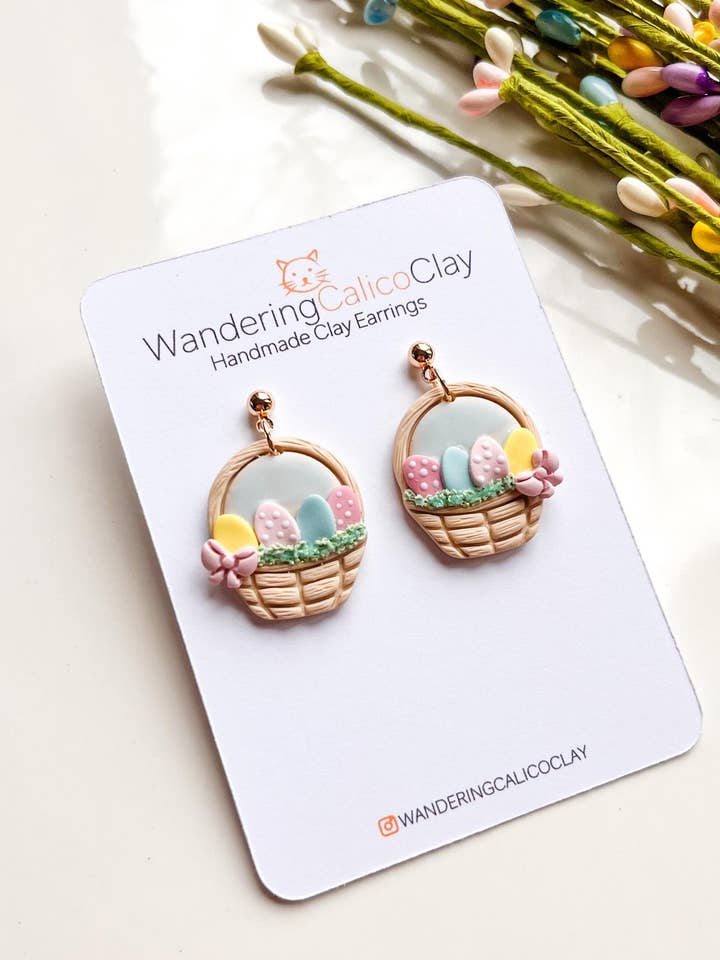 Easter Basket Polymer Clay Bunny & Egg Earrings for wholesale by WanderingCalicoClay