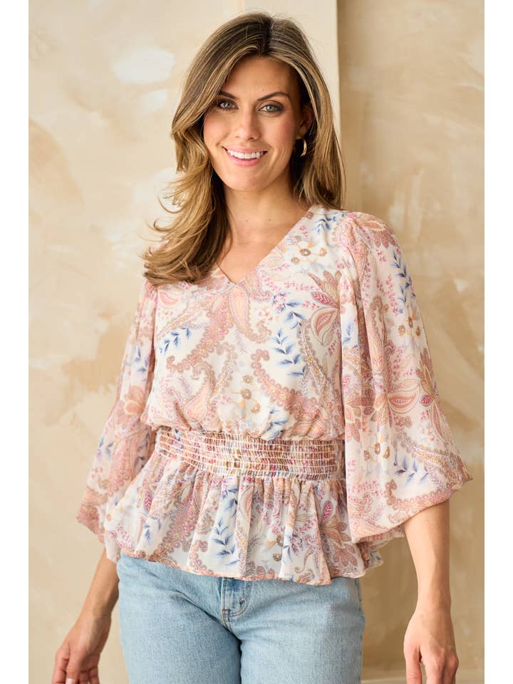 Ivory Plus dramatic bubble three quarter sleeve peplum top-PIT6615 for wholesale on Faire