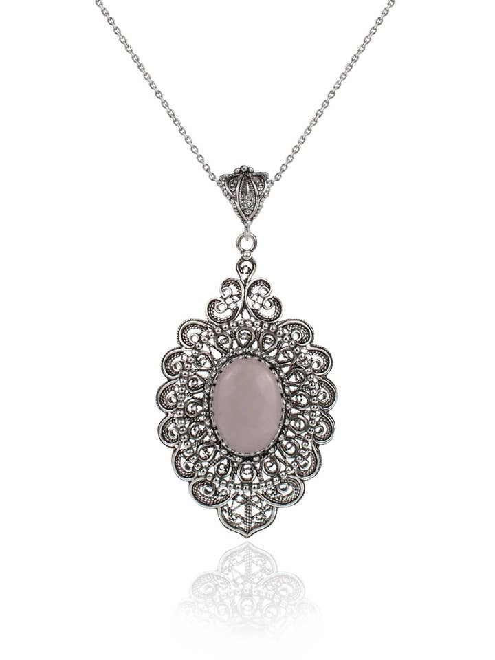 Collar con colgante floral ovalado para mujer con piedras preciosas de cuarzo rosa con filigrana para venta al por mayor de Filigranist Jewelry