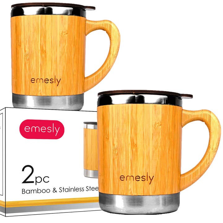 EMESLY Stainless Steel Bamboo Insulated Mugs 11oz (Set of 2) for wholesale by EMESLY
