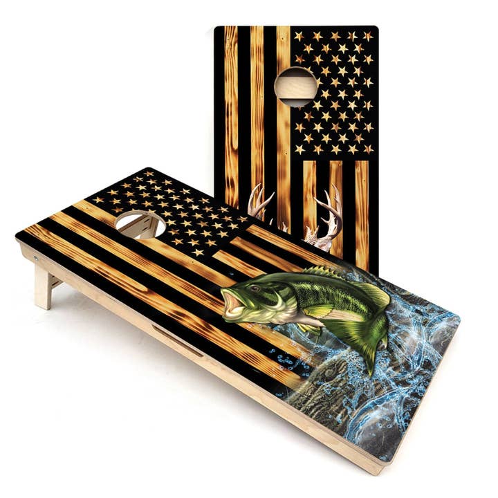 Planches de cornhole toutes saisons USA Cerf & Poisson colorés pour la vente par Skip's Garage