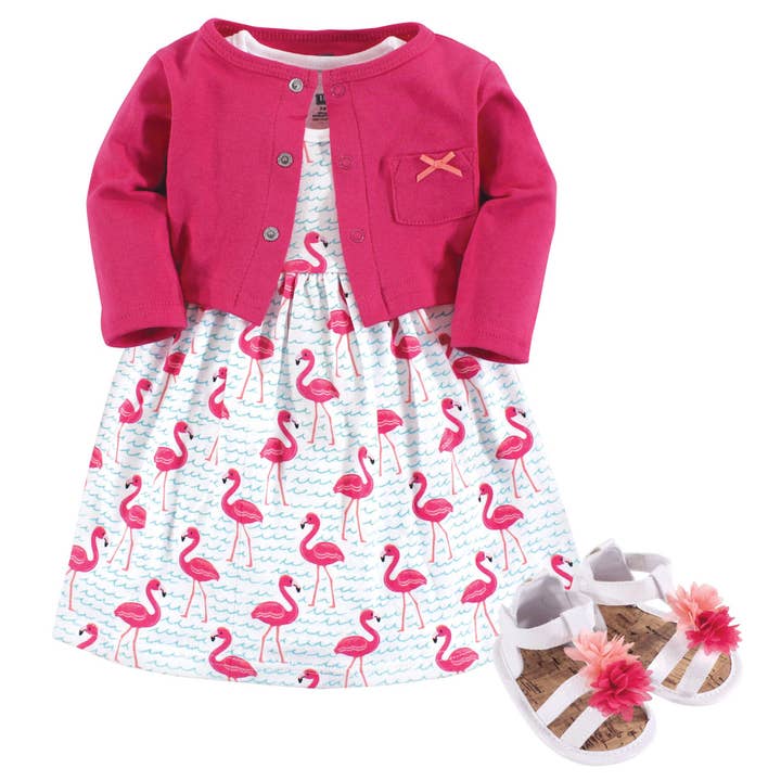 Hudson Baby Cotton Dress, Cardigan and Shoe Set, Bright for wholesale by BabyVision