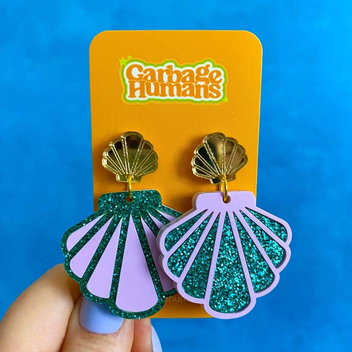 Teal and Purple Shell Earrings for wholesale by Garbage Humans