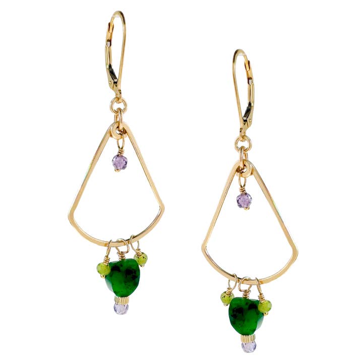 Gold Fan Outline Drop Earrings: green jade oval for wholesale by Freshie & Zero