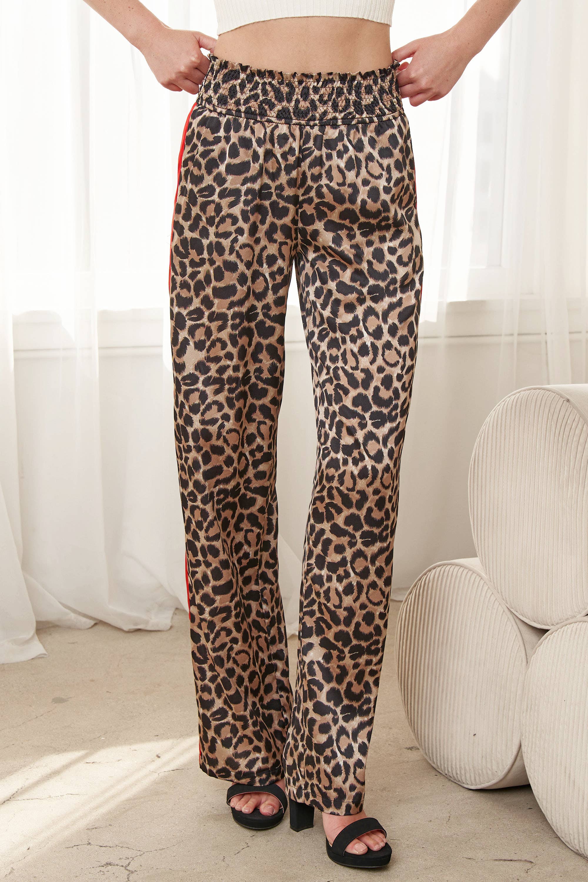 ANIMAL SMOCKED WAIST SIDE CONTRAST WIDE LEG PANTS for wholesale on Faire4