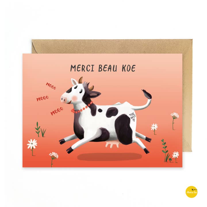 Bedanktkaart - Wenskaart merci beau koe voor wholesale door illustralies
