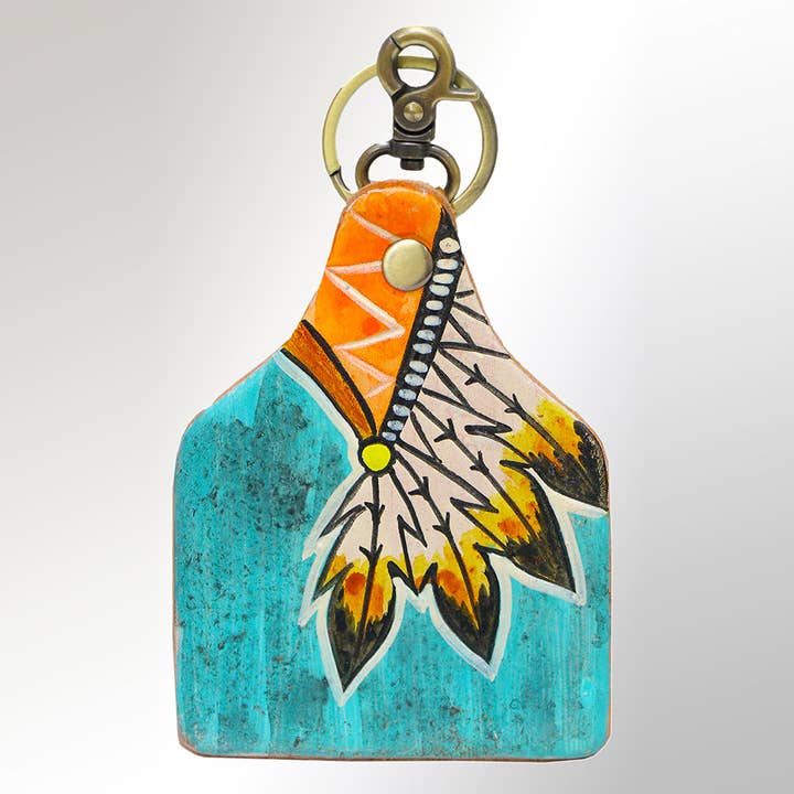 LC-ADKRM105 Hand-Painted Leather Keyring Native Feather Design in Turquoise & Orange for wholesale by LS Western