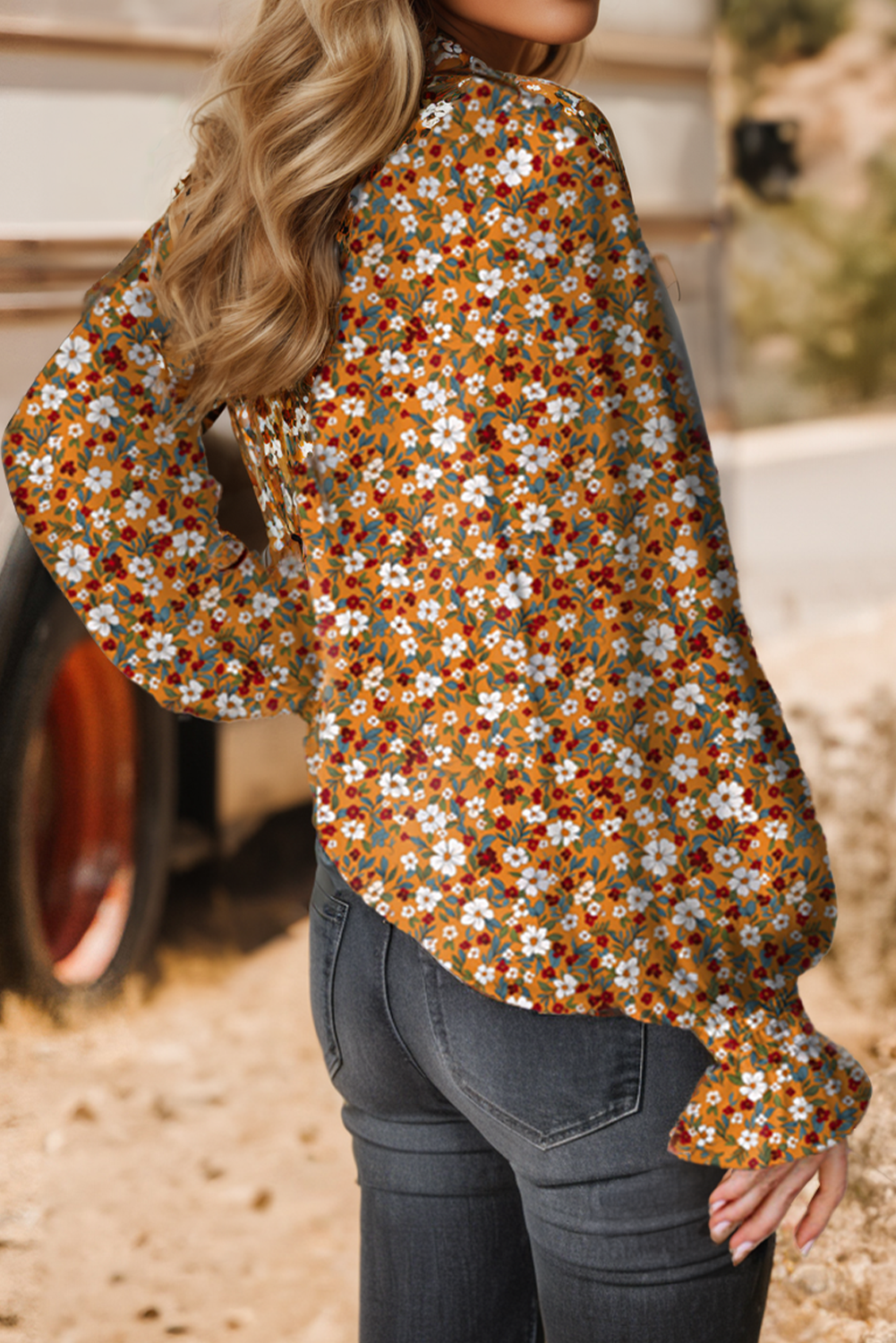Orange Boho Floral Ruffled Bubble Sleeve V Neck Blouse for wholesale on Faire1