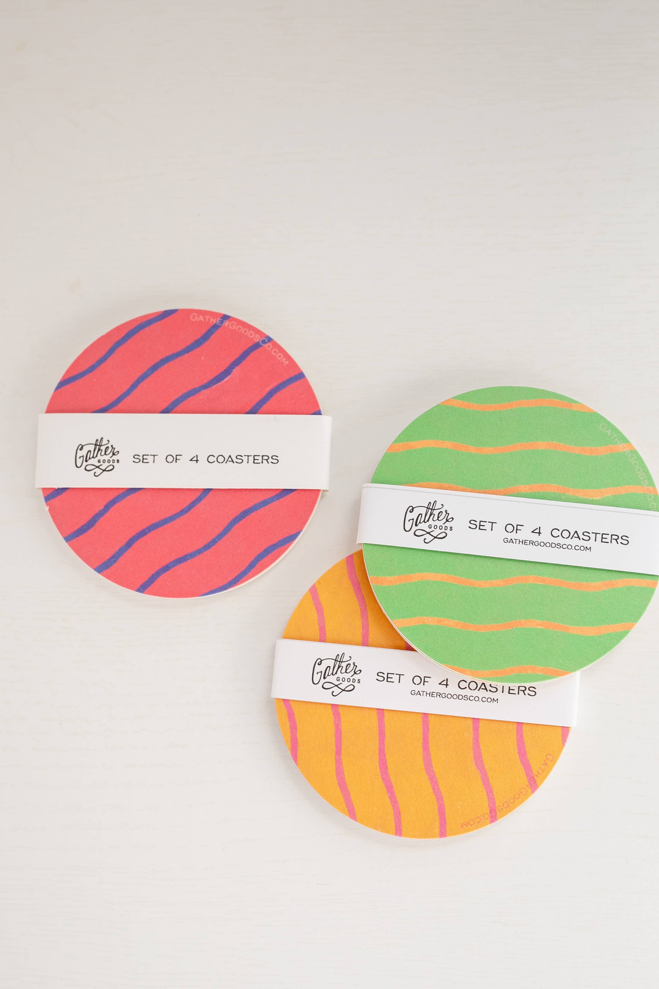Gather Goods Co - Cards, Coasters, Tea Towels, Art, Mugs - Wholesale Coasters - Yellow & Orange Wiggly Line Striped Coaster, Set of 43