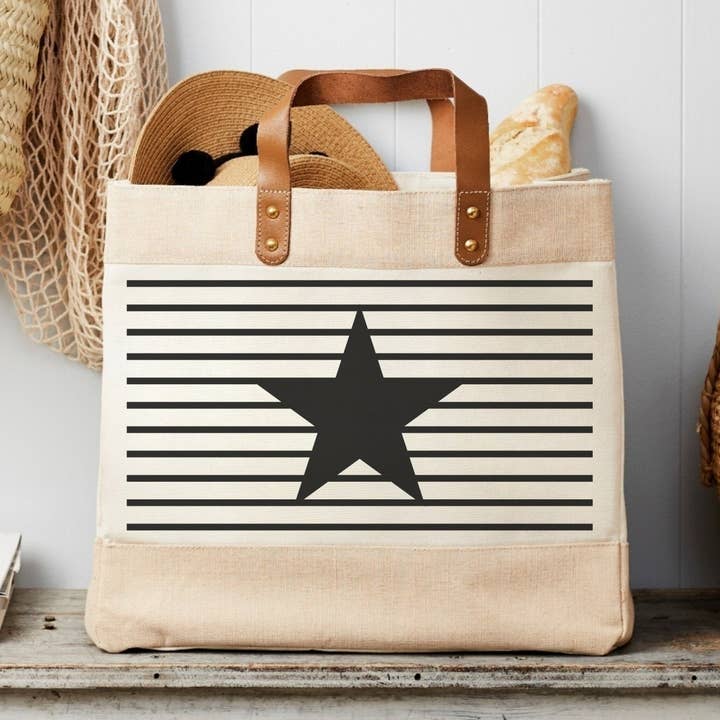 Black Stripe and Star Market Tote - Canvas for wholesale by Tillyanna