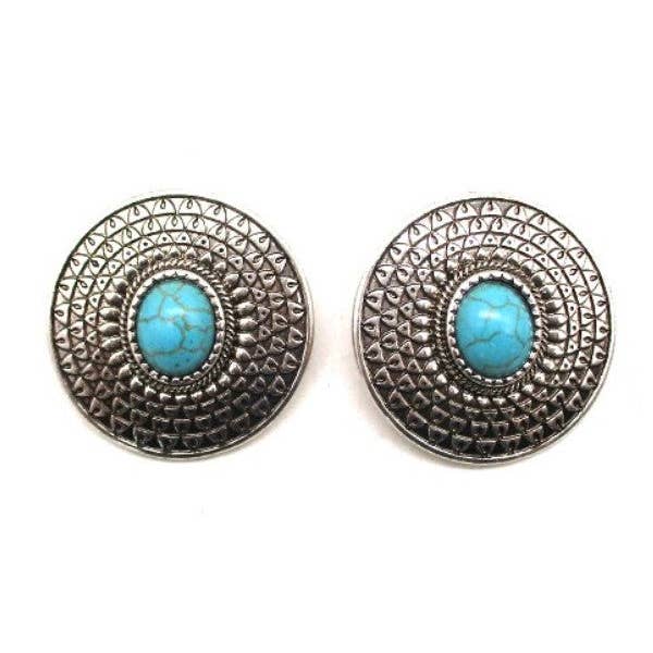 Snowing West - Wholesale Stud/Post Earrings - WESTERN ROUND CONCHO TURQUOISE STONE EARRINGS
