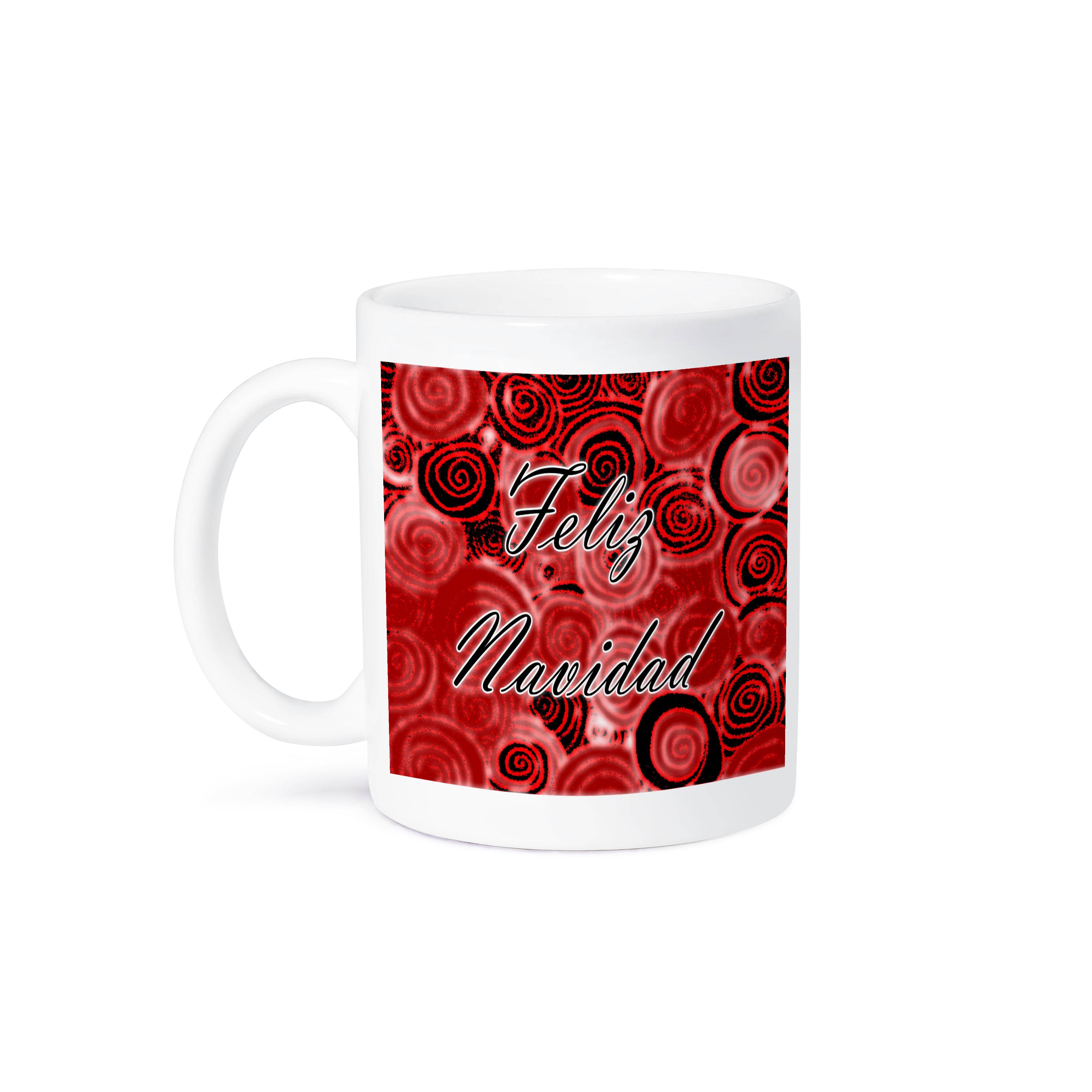 3dRose - Wholesale Coffee Mug - 3dRose, Feliz Navidad on a red and black swirl background, Mug8