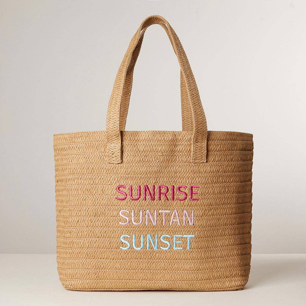 Sensibling Corp. - Wholesale Tote Bag - Women's - Raffia SUNRISE SUNTAN SUNSET Message Embroidered Summer Tote3
