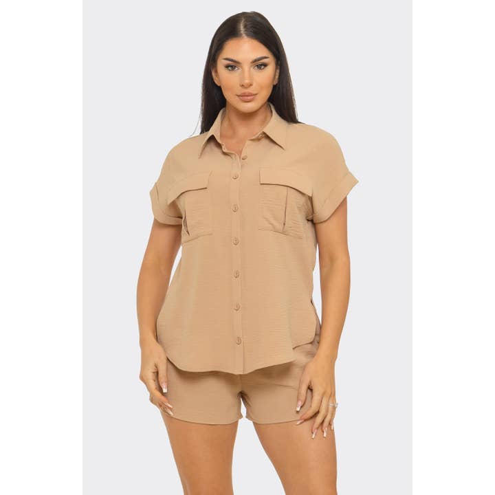Front Functional Button Down Top And Shorts Set for wholesale by omgstyles