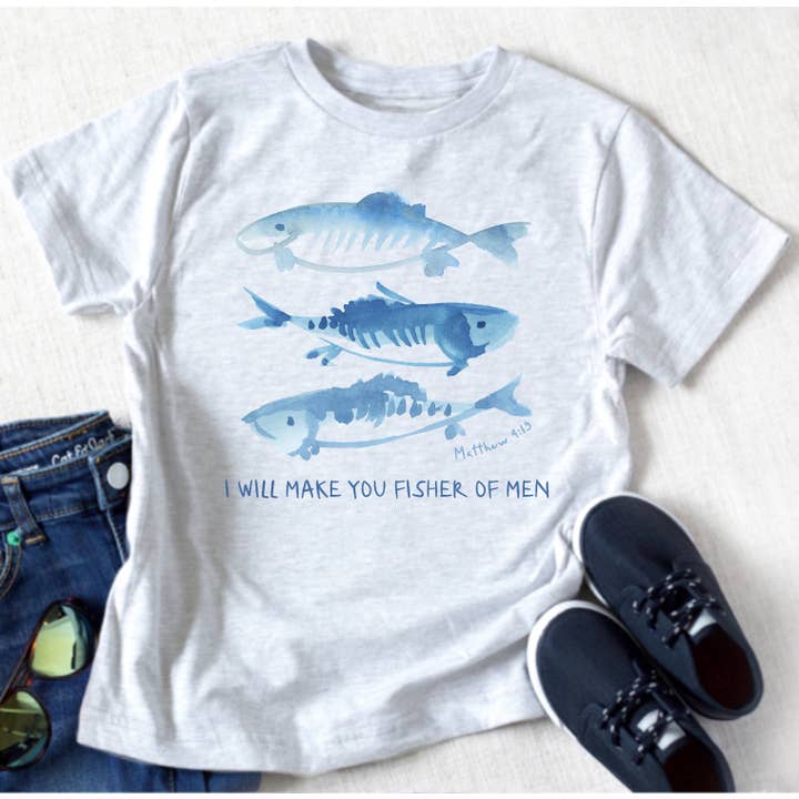 T-shirt chrétien pour garçon avec inscription « I Will Make You Fishers Of Men » pour la vente par Painted Skies