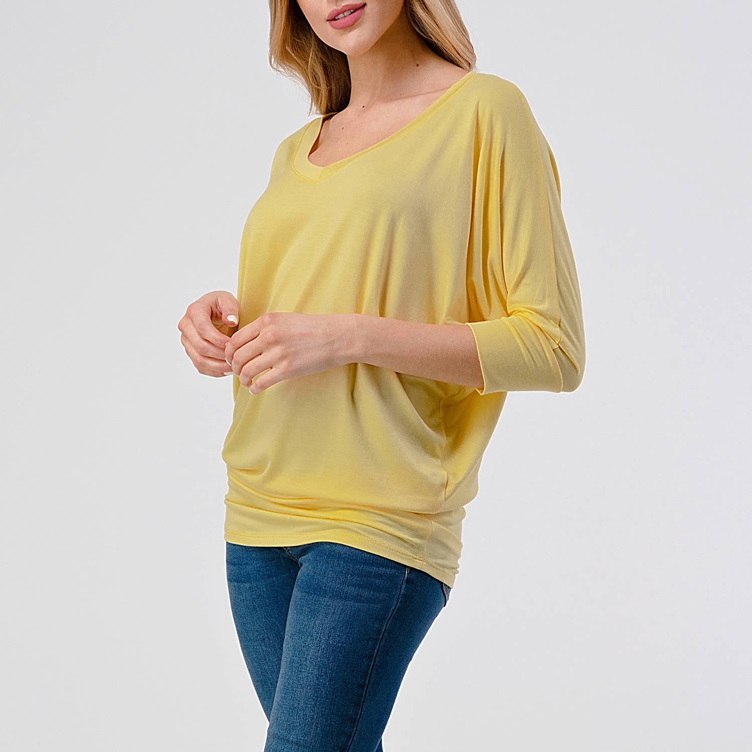 Heimious - Wholesale Knit Top - Women's - 3/4 Dolman Sleeve V-neck Modal Jersey Top, 2573114