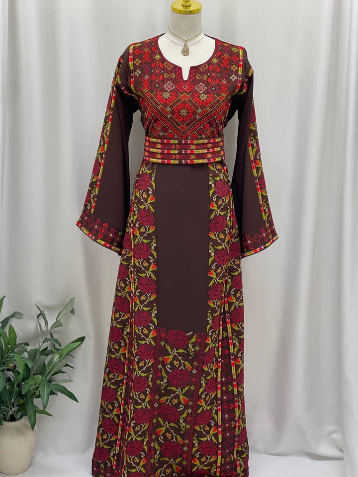 Rosewood Heritage EmbroideredThobe for wholesale by Palestinian Elegance