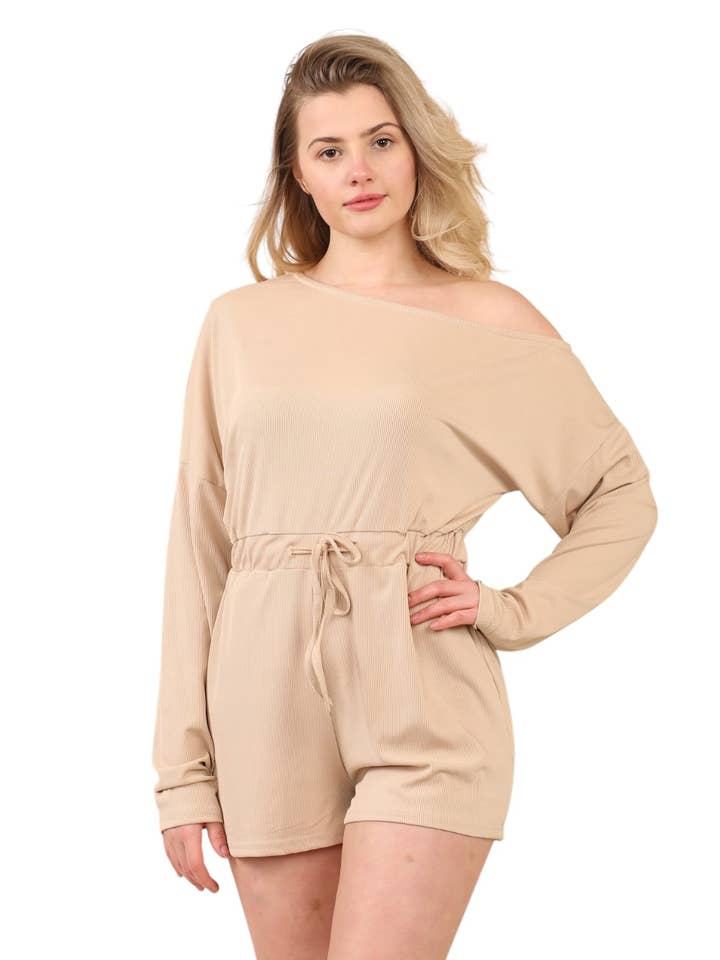 Beiger langärmeliger gerippter Playsuit mit Kordelzug für den Großhandel von Elainah Fashion