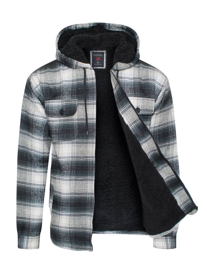 Black Men's Flannel Sherpa Lining Jacket (HF-1003-Black #34) for wholesale on Faire