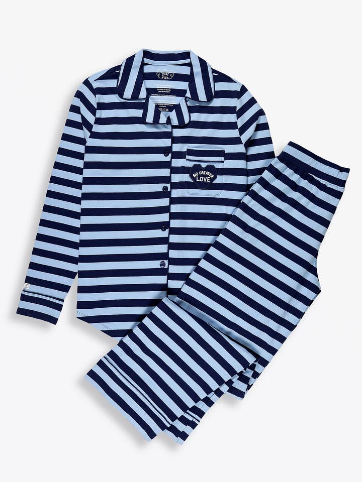 No Greater Love Blue Womens PJ Notch Collar Set Cotton for wholesale by Holy Pals