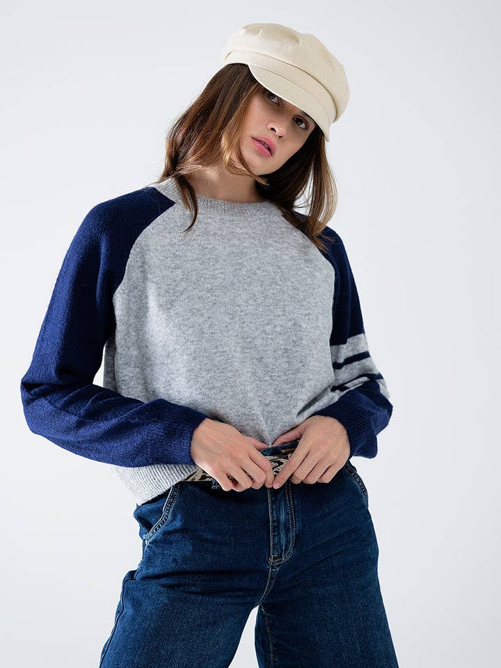 Bi-Color Raglan Sleeve pullover in Navy and Grey for wholesale by Q2—All Orders:Free Duties for the US,UK,and Canada