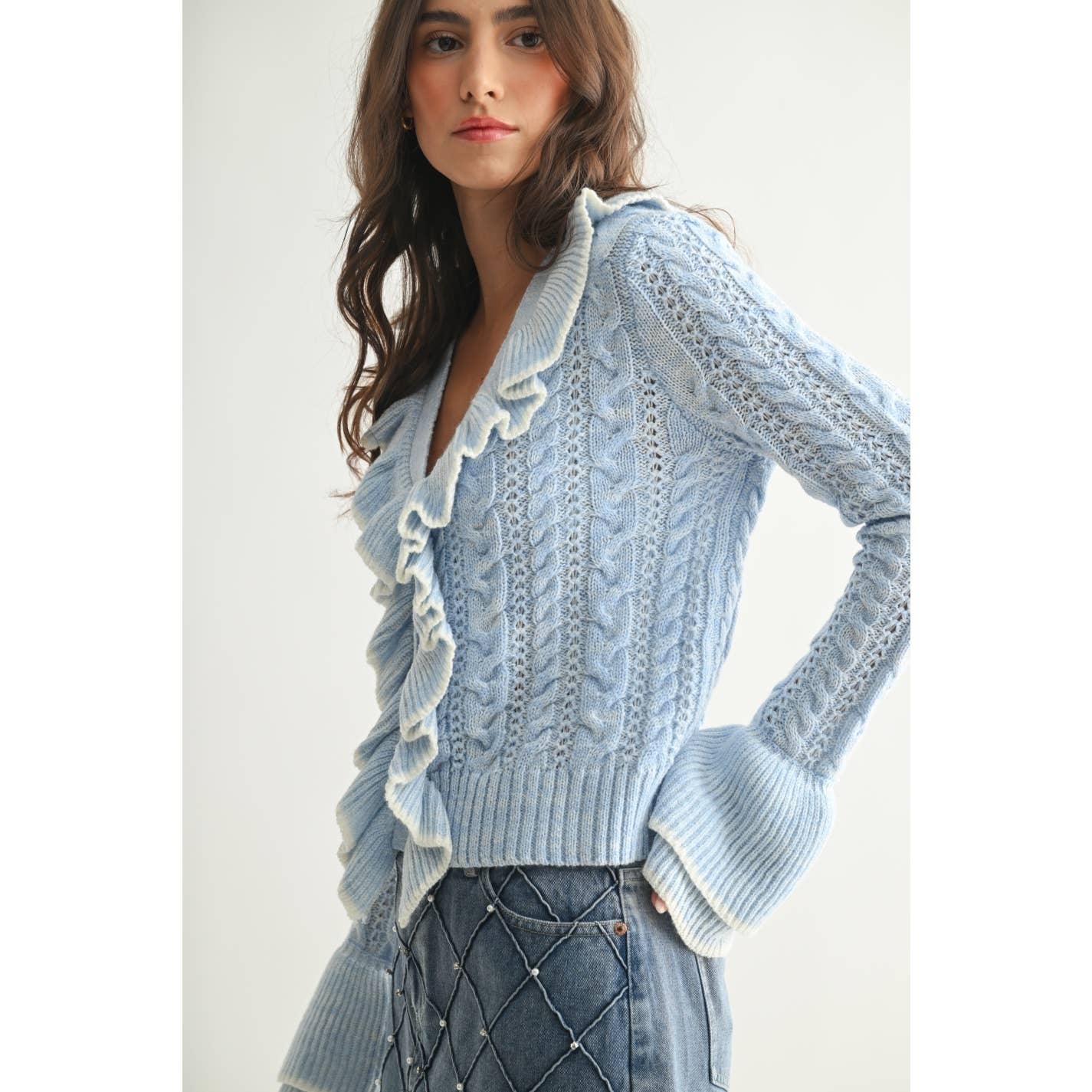 Camellia - Wholesale Cardigan - Women's - STYLIESH BLUE RUFFLED CARDIGAN6