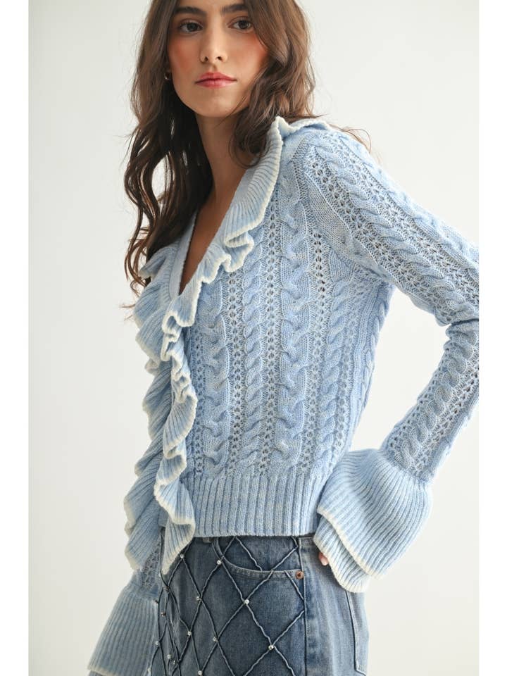 Camellia - Wholesale Cardigan - Women's - STYLIESH BLUE RUFFLED CARDIGAN6