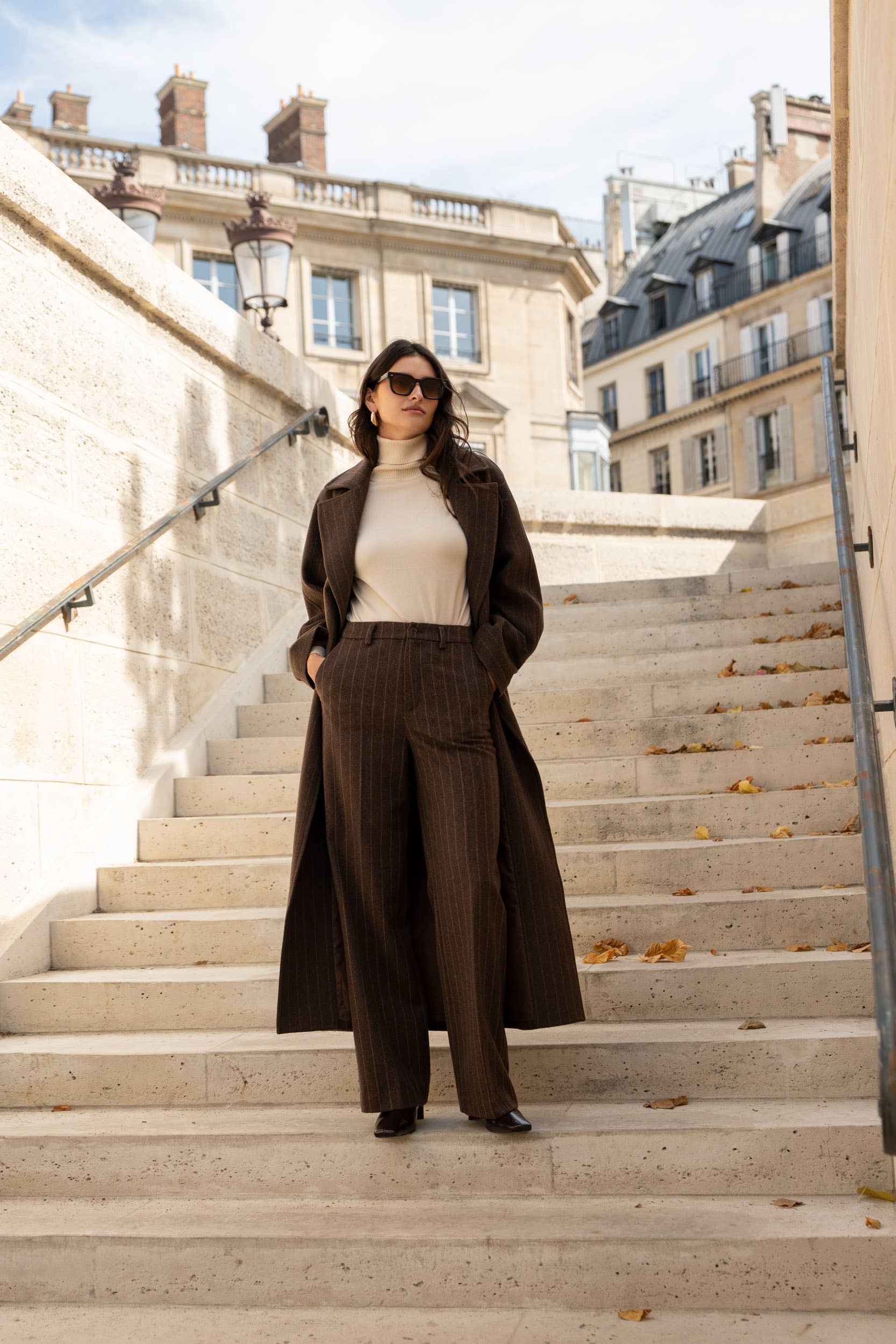 Attentif Paris - Wholesale Coat - Women's - Long coat in fine striped wool blend14