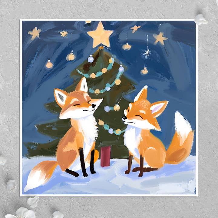Holiday Card: Cute Foxes and Christmas Tree, Moon and Stars for wholesale by KalooMoon Art