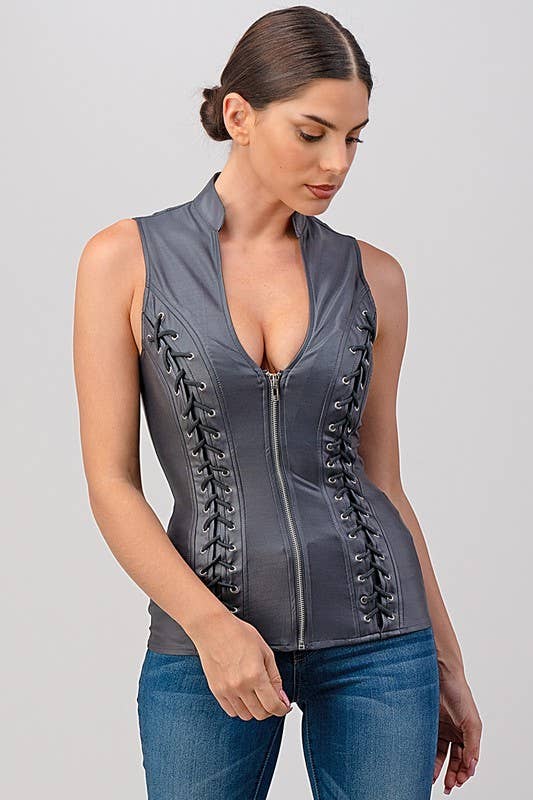 Lydia USA - Wholesale Blouse - Women's - Front Lace Up Back Cut Out  Pleather Plus Top20
