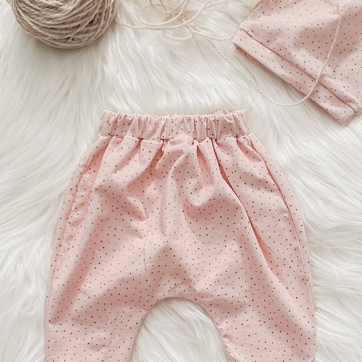 Pearl Pink with Gold Dot Harem Baby Pants and Hat for wholesale by Petite Star Rising