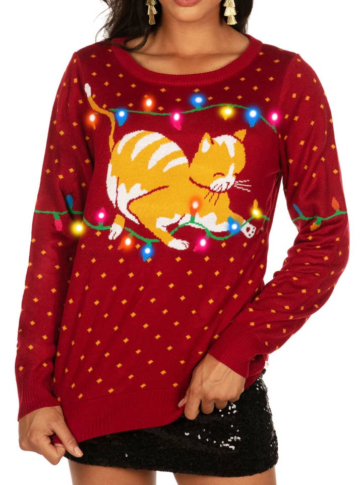 Maglione Luminoso Cat-itude - Maglione Natalizio da Donna con Gatto per la vendita all'ingrosso da parte di Tipsy Elves