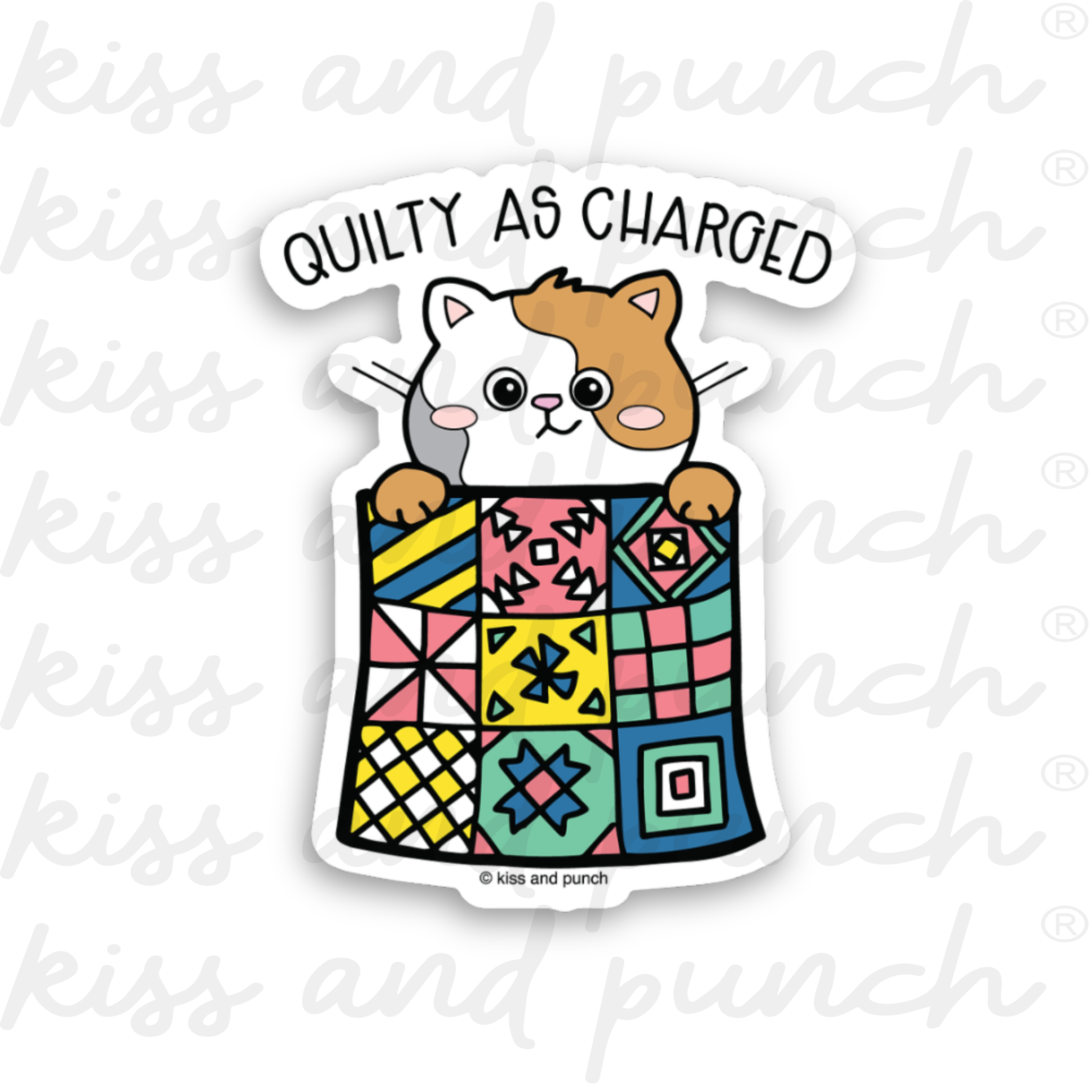 Kiss and Punch - Wholesale Sticker - NEW! 3 Inch Funny Cute Quilty Cat Pun Diecut Vinyl Sticker  0